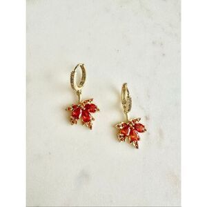 Bright Orange fall Maple leaf dangle cubic zirconia earrings